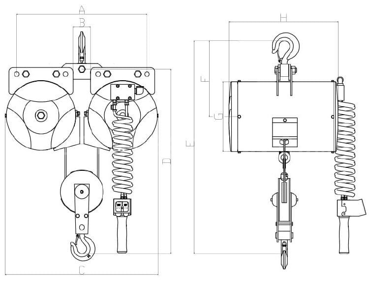 10Dimensions Parameters for Parallel Wire Rope Air Pneumatic Hoist with Sheave Block