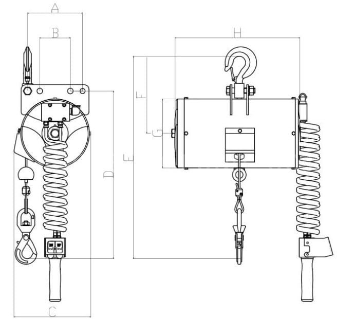 7Dimensional Parameters for Single Line Wire Rope Air Pneumatic Hoist