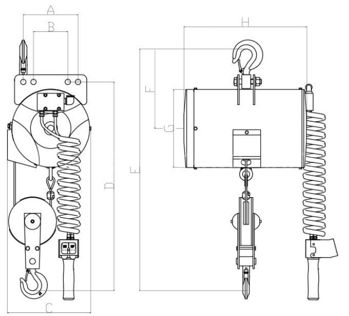 8Dimensions Parameters for Wire Rope Air Pneumatic Hoist with Sheave Block