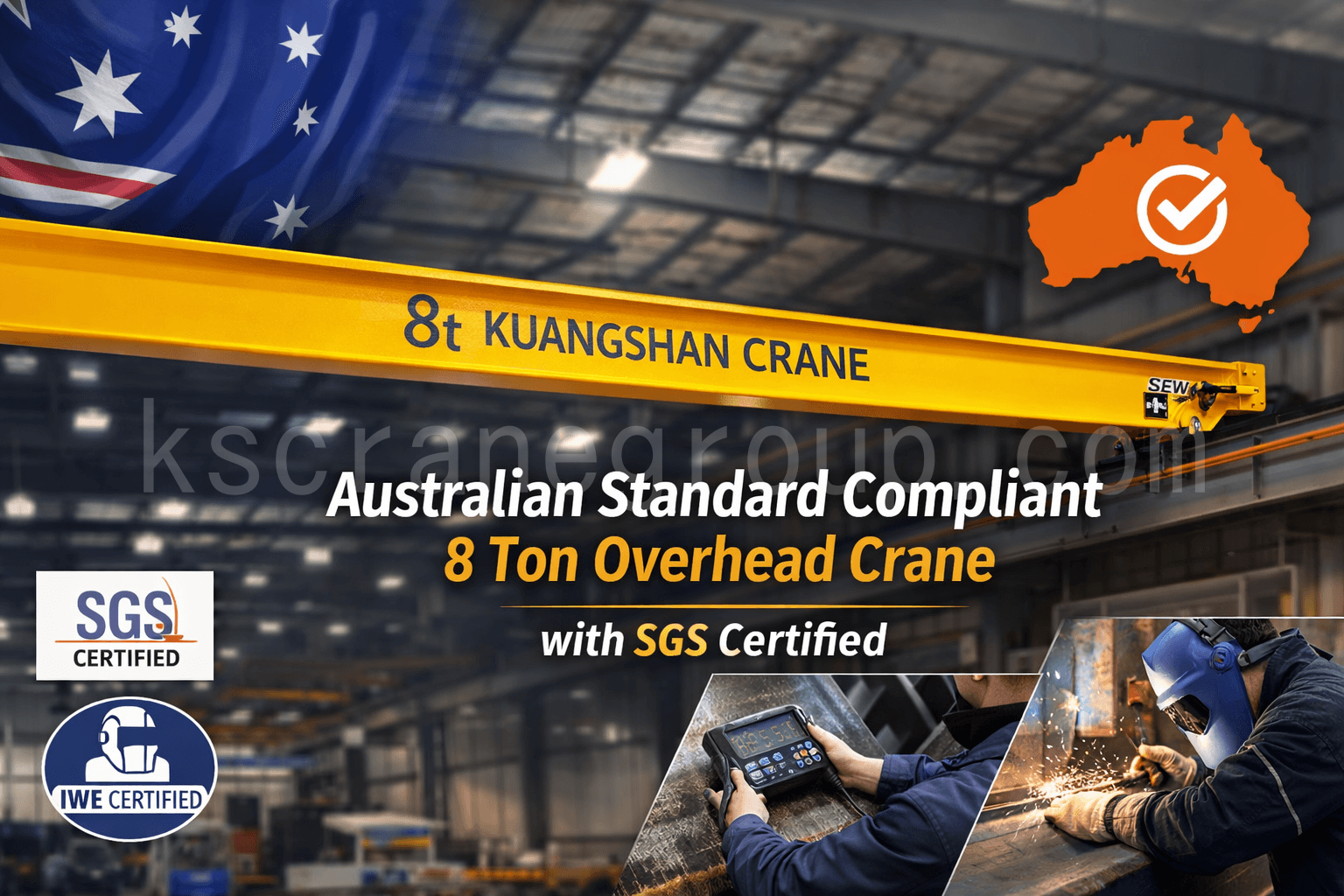 Grúa puente de 8 toneladas que cumple con la normativa australiana y cuenta con certificación SGS.