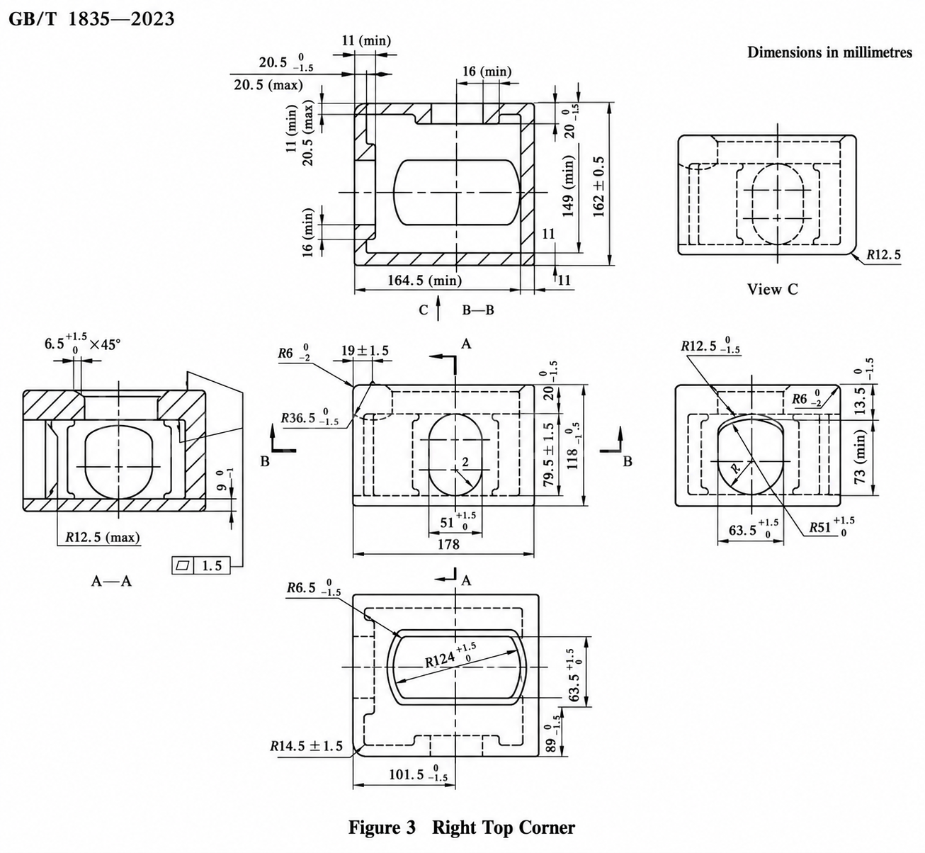 Dimensions standard de moulage des coins à 6 figures